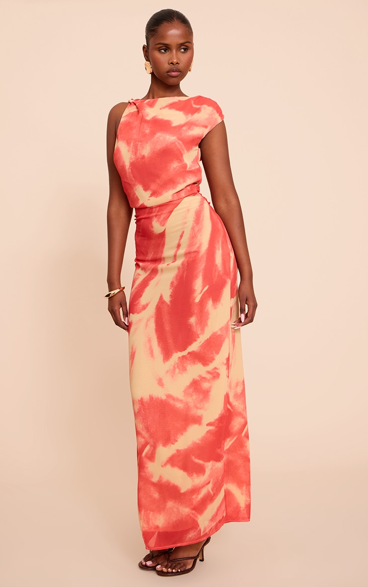 Pink Abstract Printed Chiffon Ruched Maxi Dress image 1