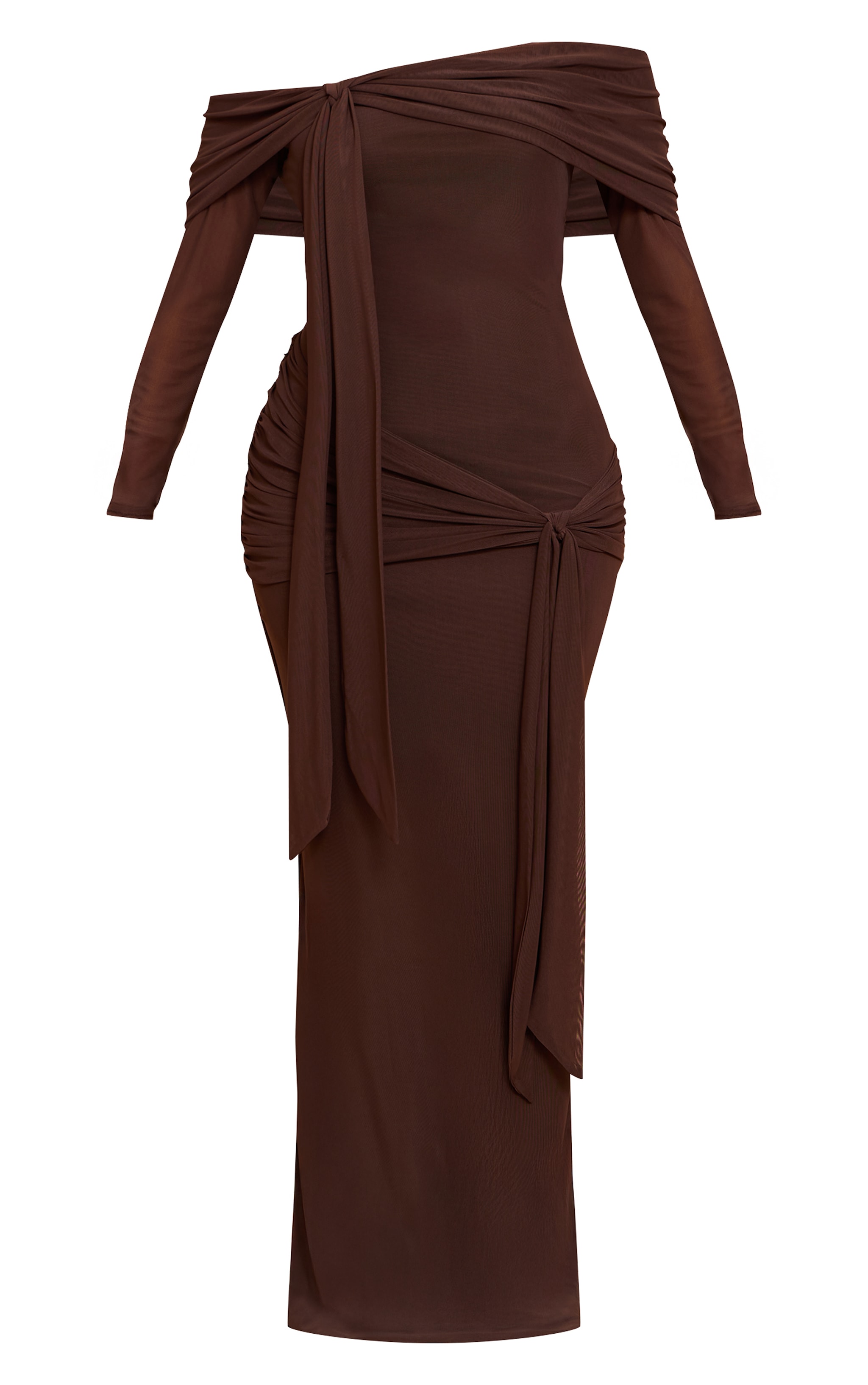 Petite Chocolate Asymmetric Long Sleeve Bardot Maxi Dress image 5