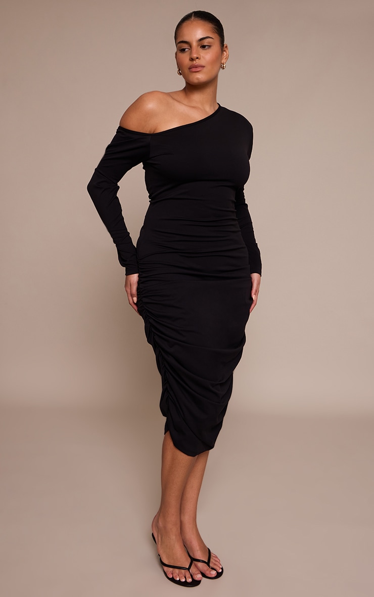 Plus Black Sculpt Off Shoulder Ruched Midi Dress image 3