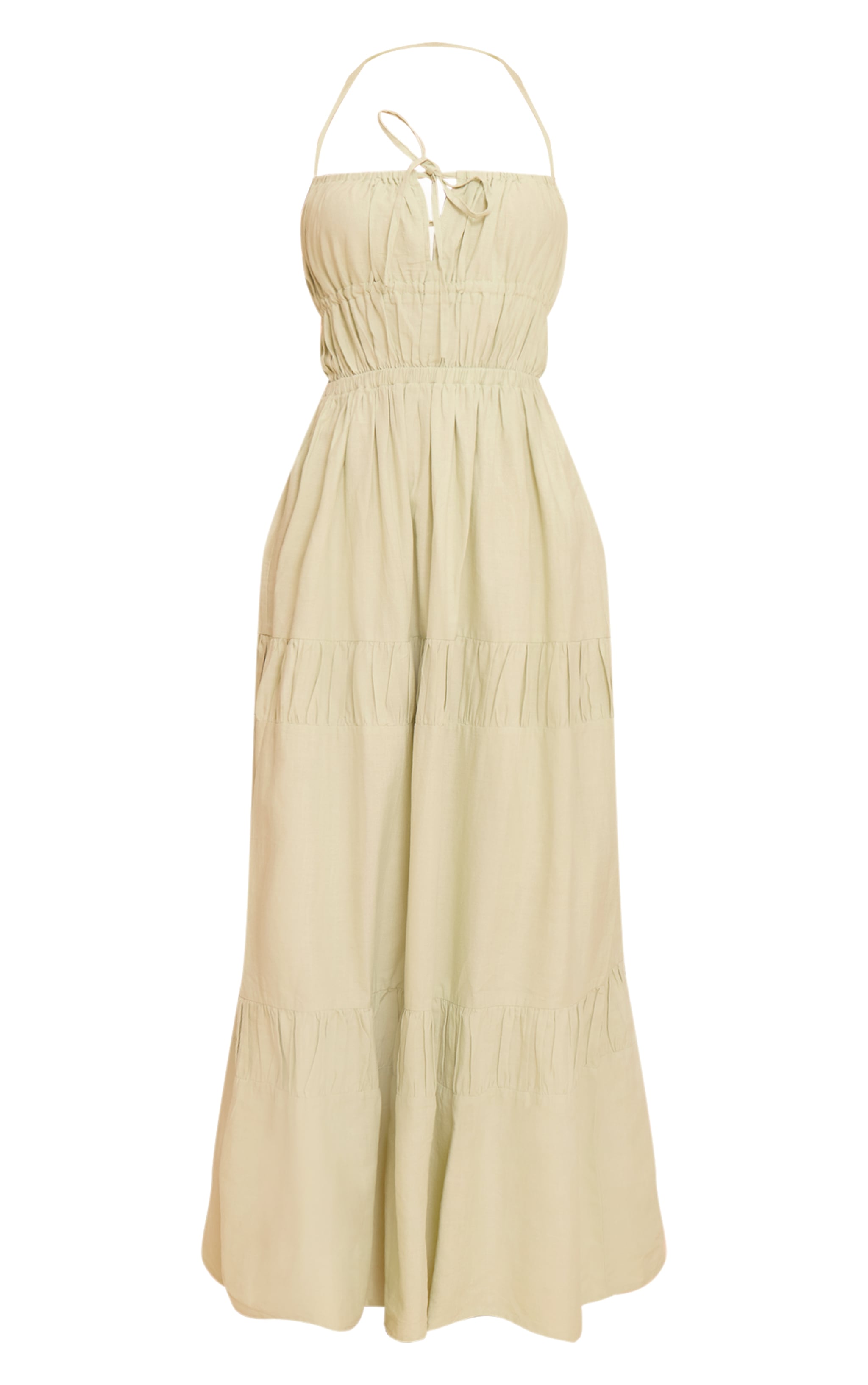 Sage Green Ruched Backless Strappy Maxi Dress image 5