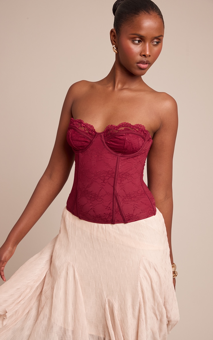 Wine  Lace Hook And Eye Detail Bonded Bandeau Corset image 1