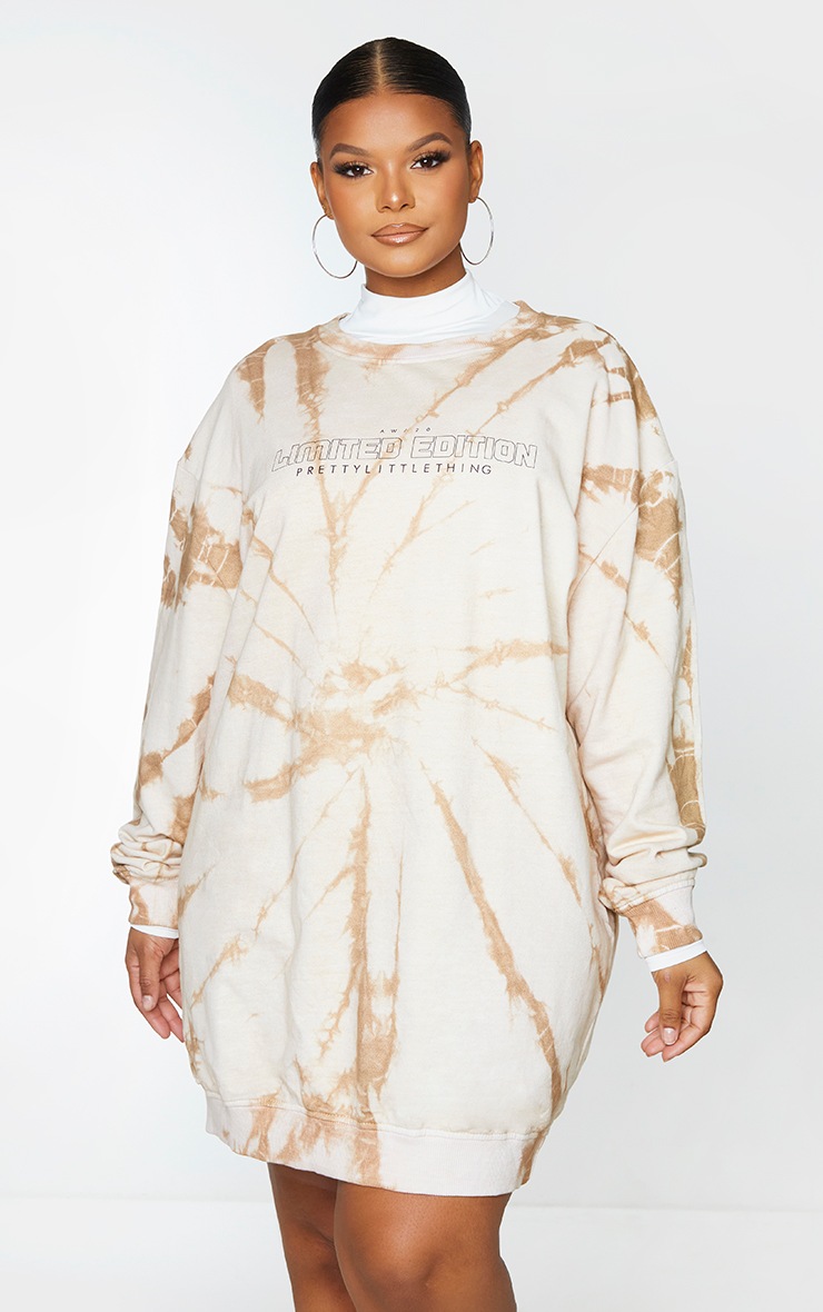 PRETTYLITTLETHING Plus Stone Tie Dye Sweat Dress