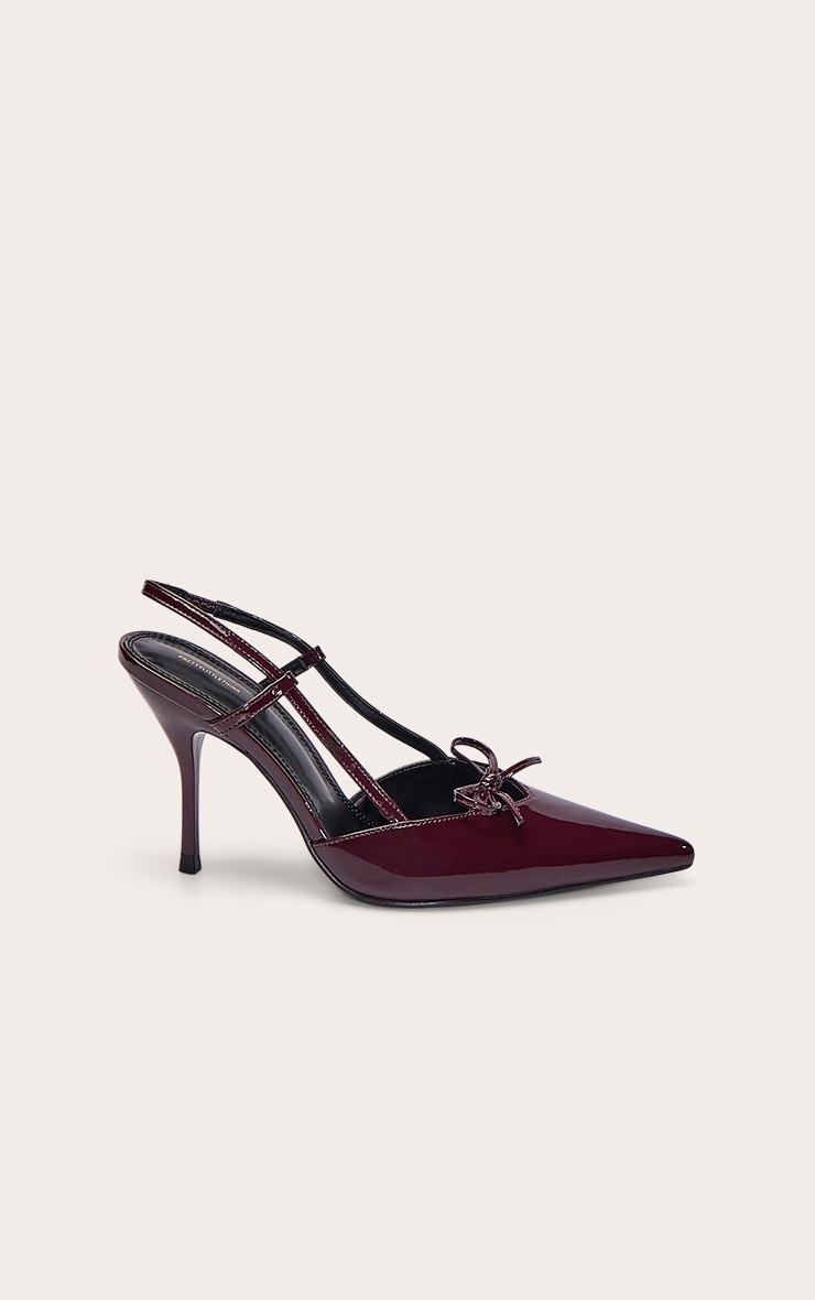 Plum PU Patent Point Toe Bow Detail Mid Heel Courts image 2