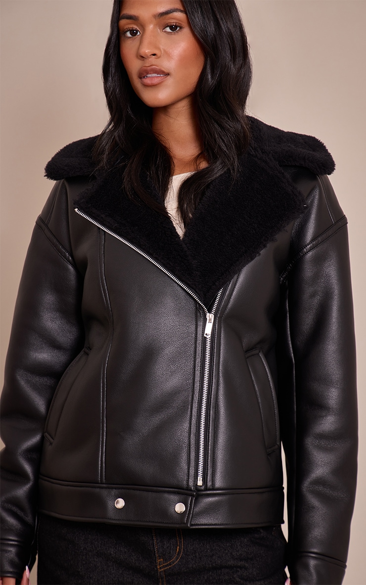 Tall Black Borg Collar Faux Leather Aviator image 4