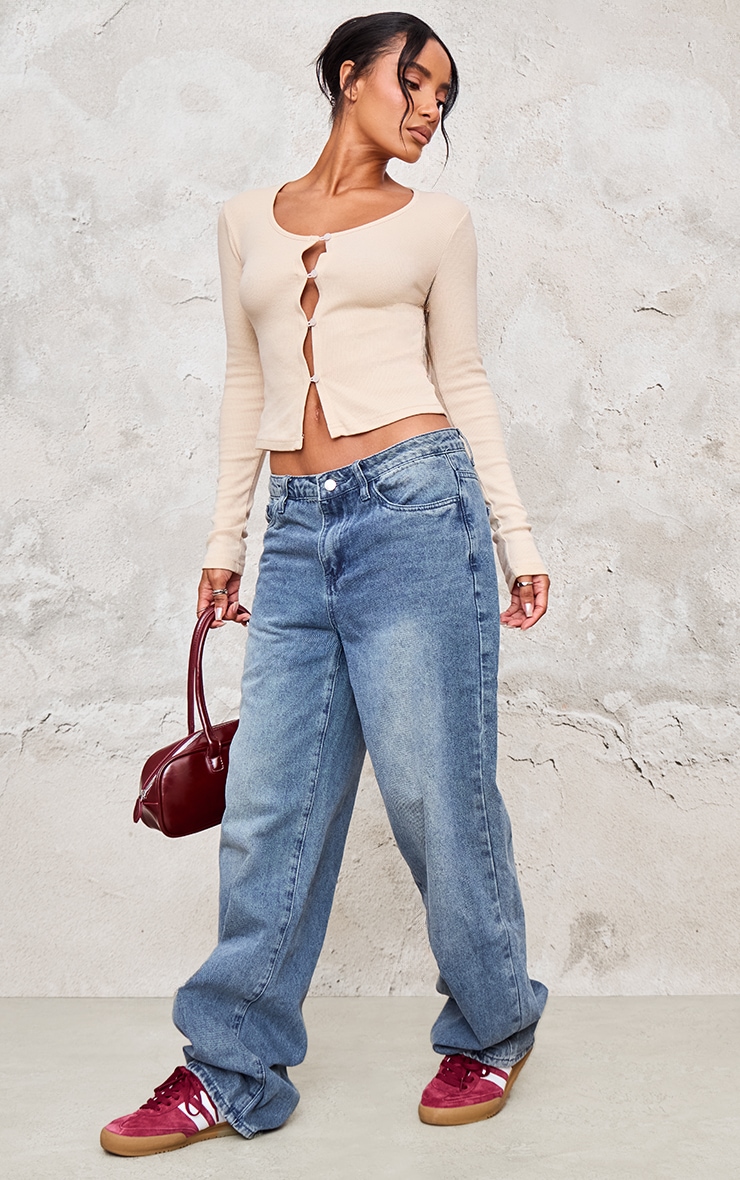 Cream Ribbed Button Down Fitted Long Sleeve Top | Tops