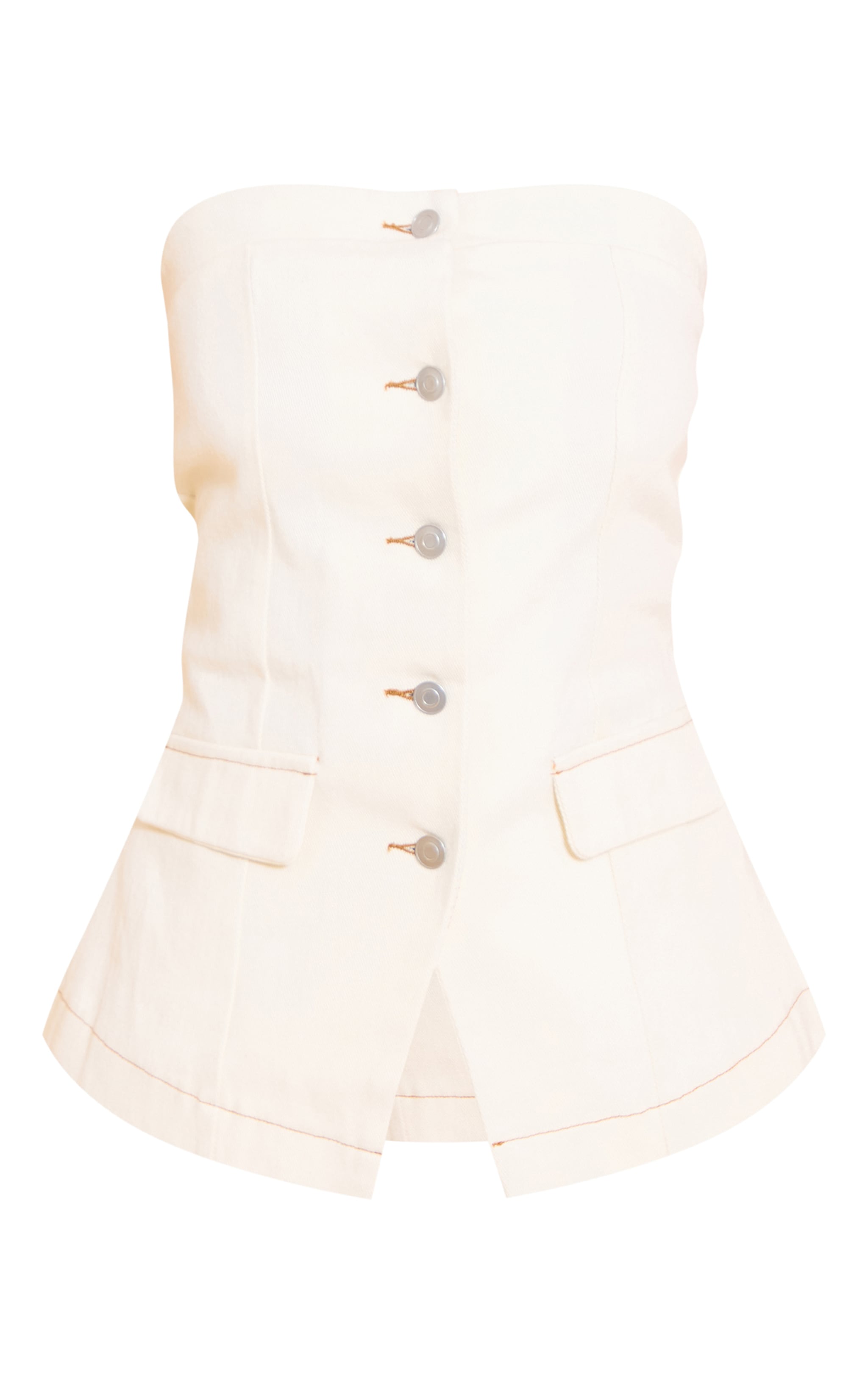 Ecru Strapless Button Down Denim Top image 5