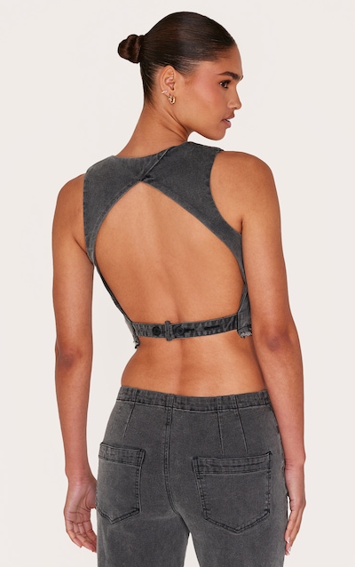 Washed Black Raw Hem Cut Out Back Denim Waistcoat