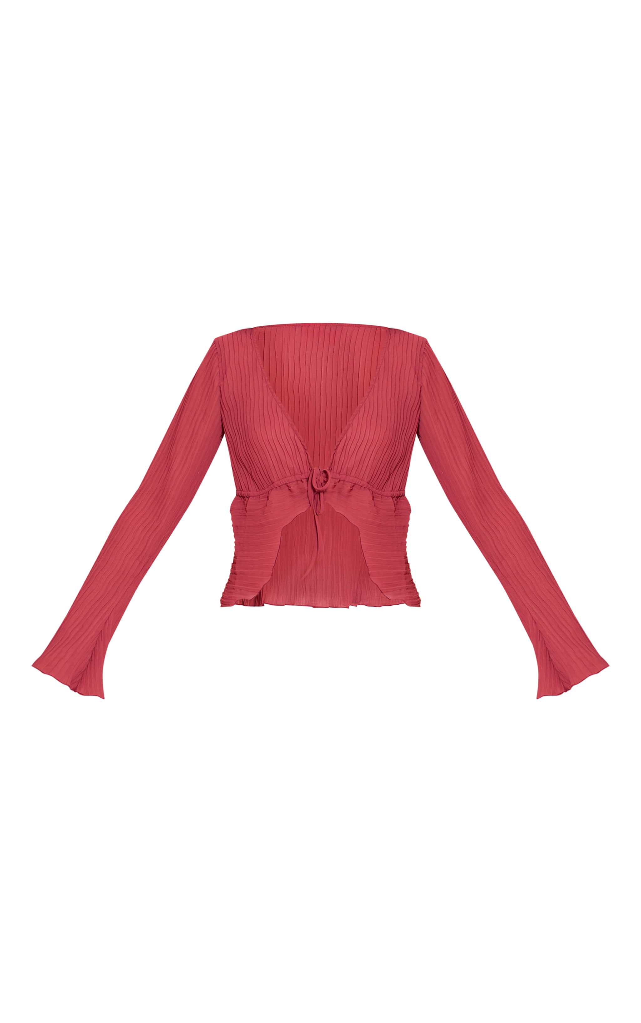 Dark Rose Sheer Plisse Tie Front Flute Sleeve Blouse image 5