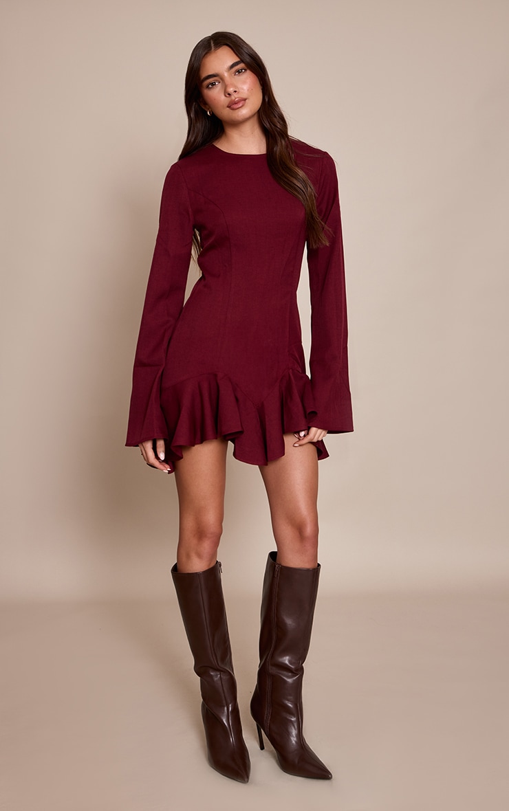 Wine Tailored Boat Neck Frill Shift Dress