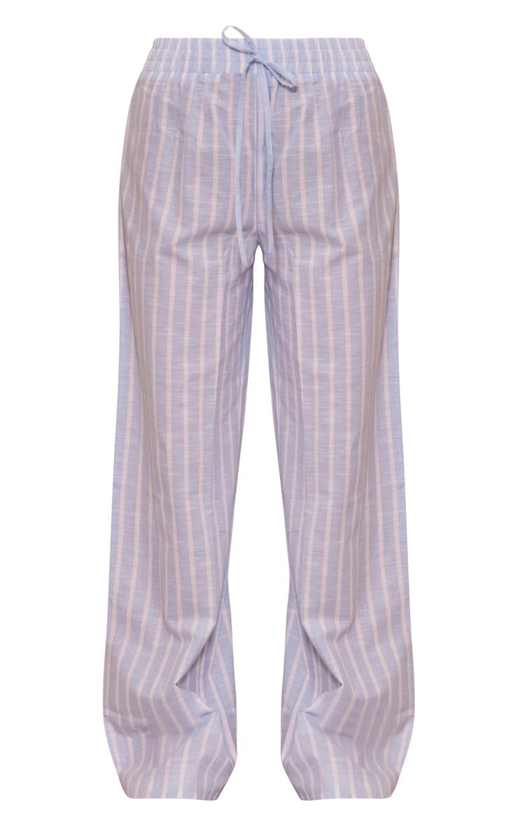 Blue Linen Look Stripe Straight Leg Trousers image 5