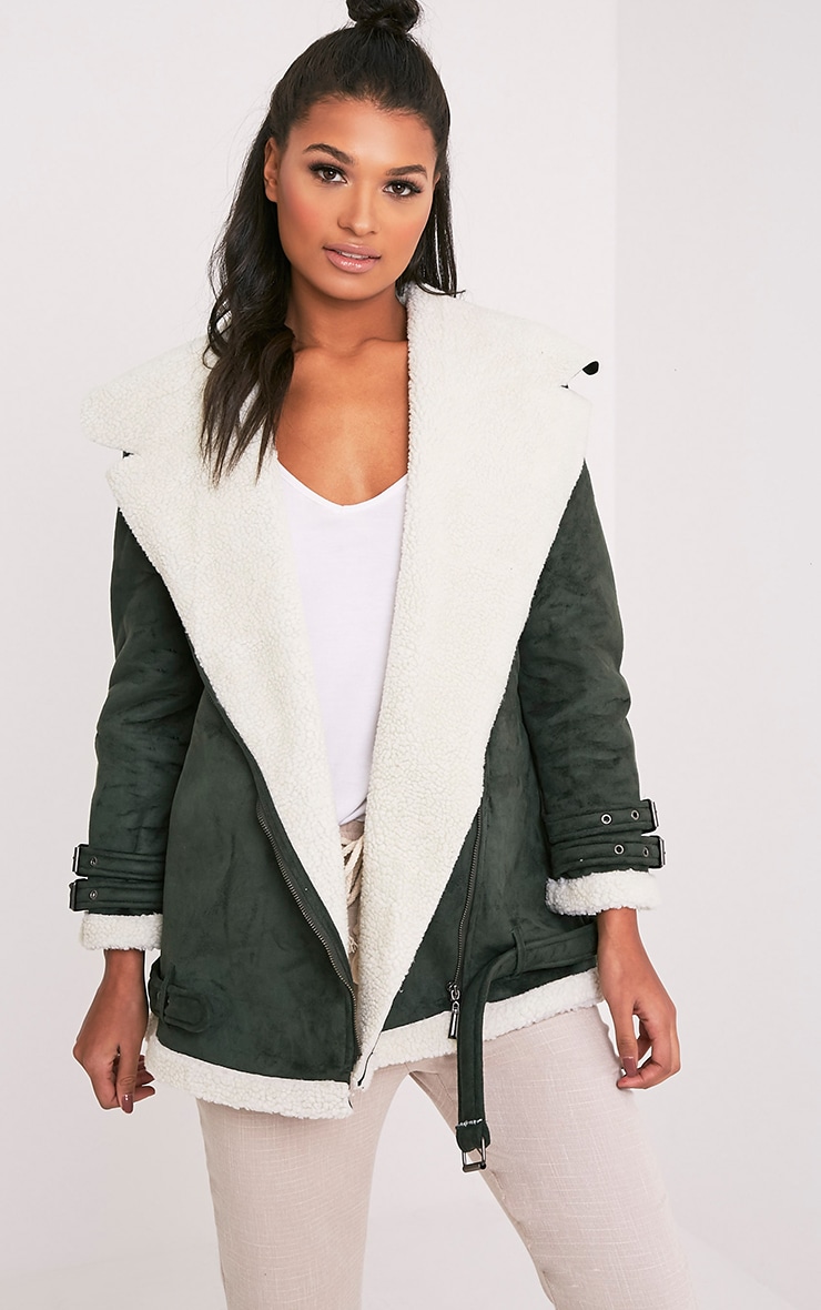 Simmi Khaki Faux Suede Oversized Aviator Jacket PrettyLittleThing USA