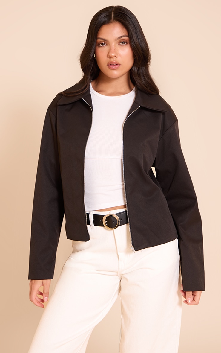 Black Fitted Zip Up Collared Jacket image 1