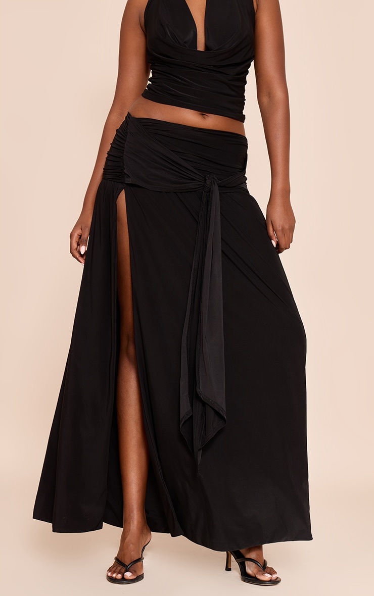 Black Double Layer Slinky Knot Drape Maxi Skirt image 2
