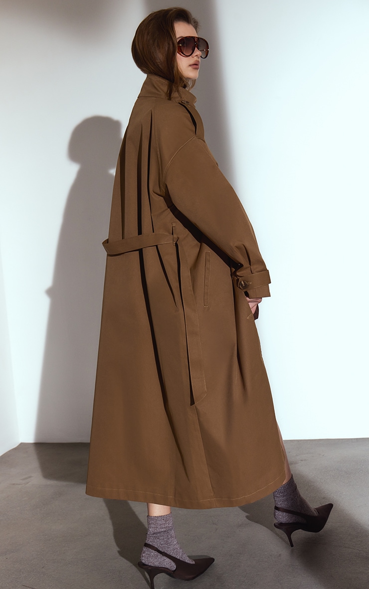 Camel Funnel Neck Maxi Trench Coat image 2