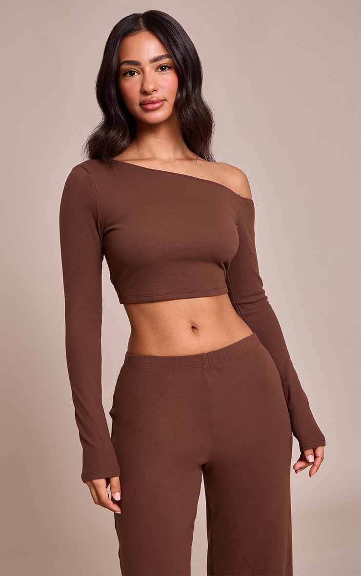 Petite Chocolate One Shoulder Long Sleeve Top image 1