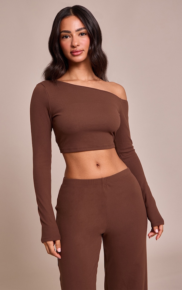 Petite Chocolate One Shoulder Long Sleeve Top