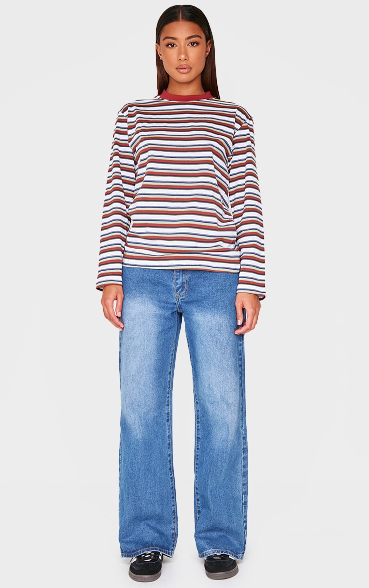Burgundy Striped Contrast Collar Long Sleeve Top image 3