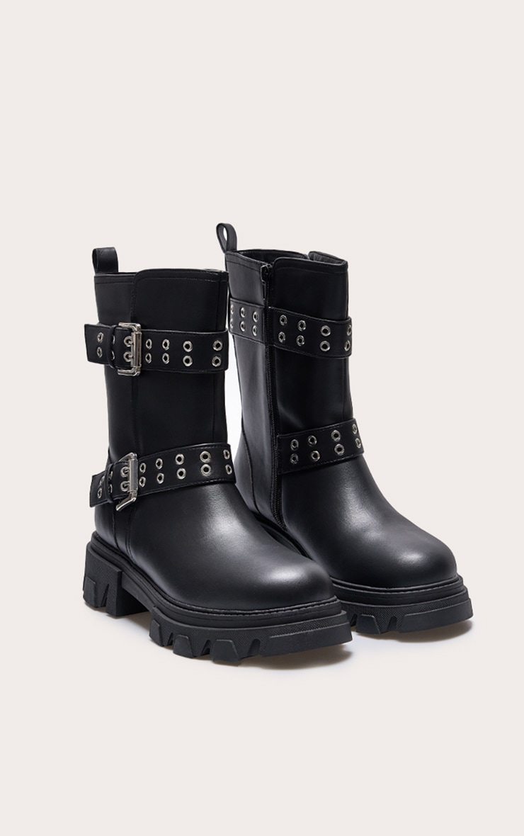 Black Wide Fit PU Chunky Sole Buckle Ankle Boots image 2