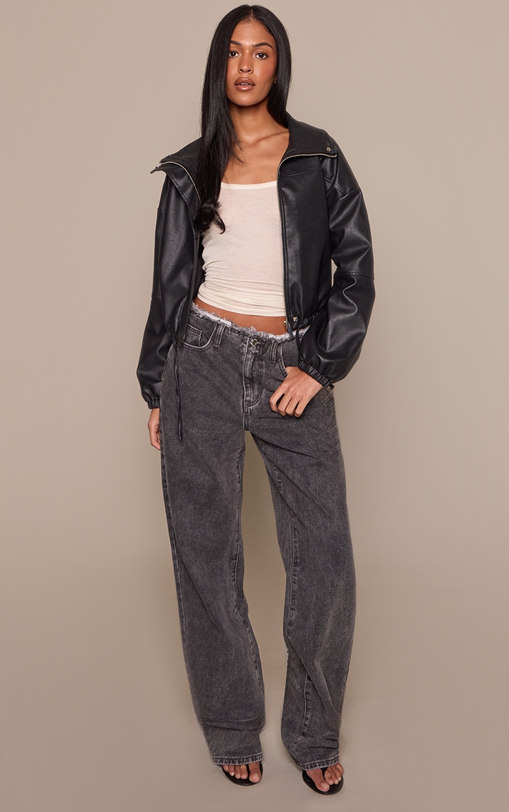 Tall Washed Grey Fray Waist Low Rise Straight Leg Jeans