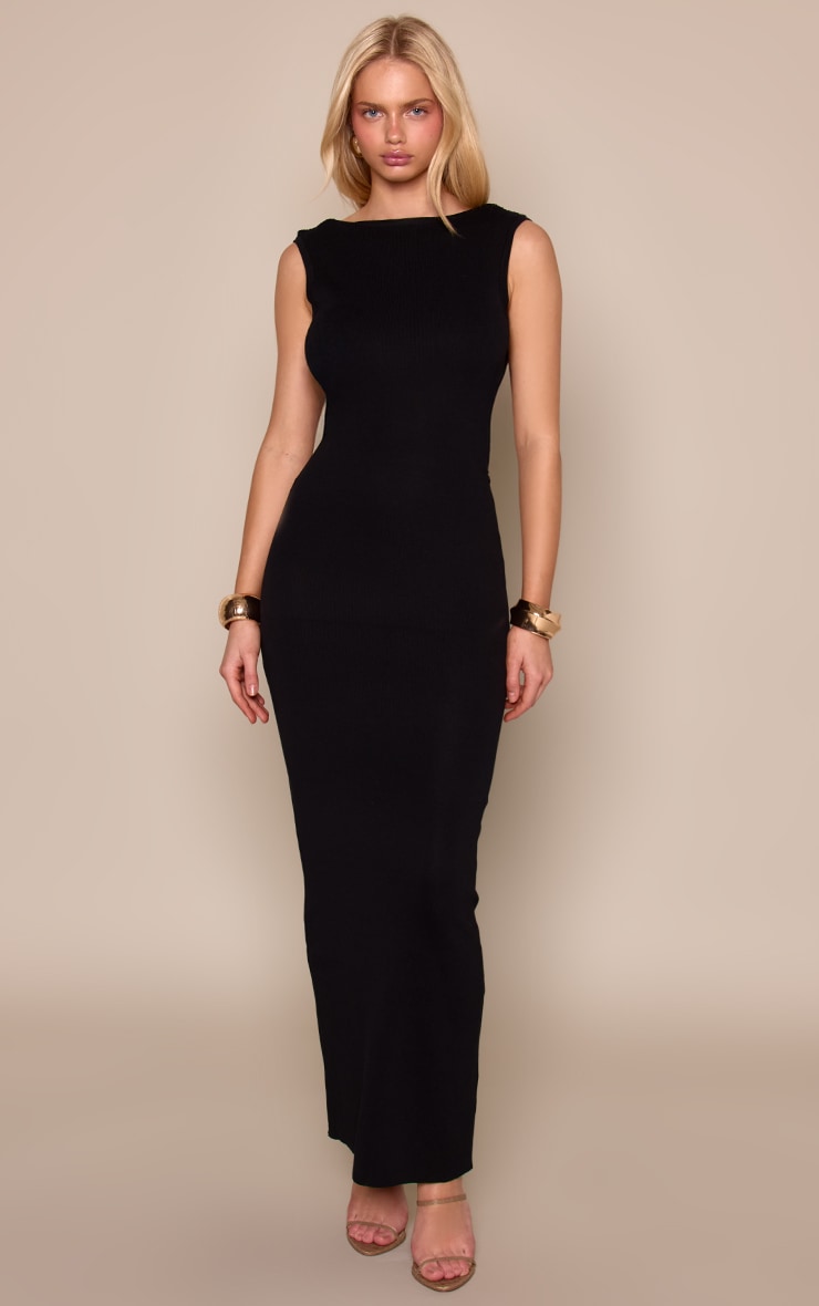 Boatneck Sheer Knit Backless Detail Maxi Dress