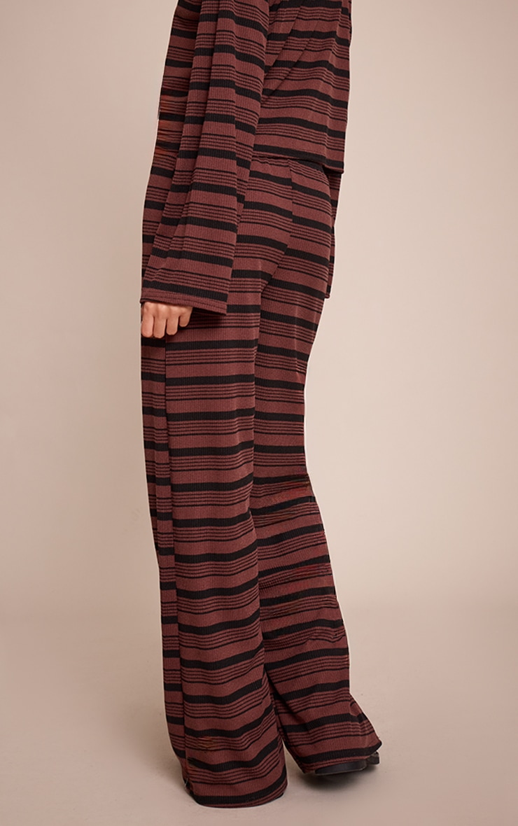 Chocolate Textured Stripe Drawstring Wide Leg Trouser image 3