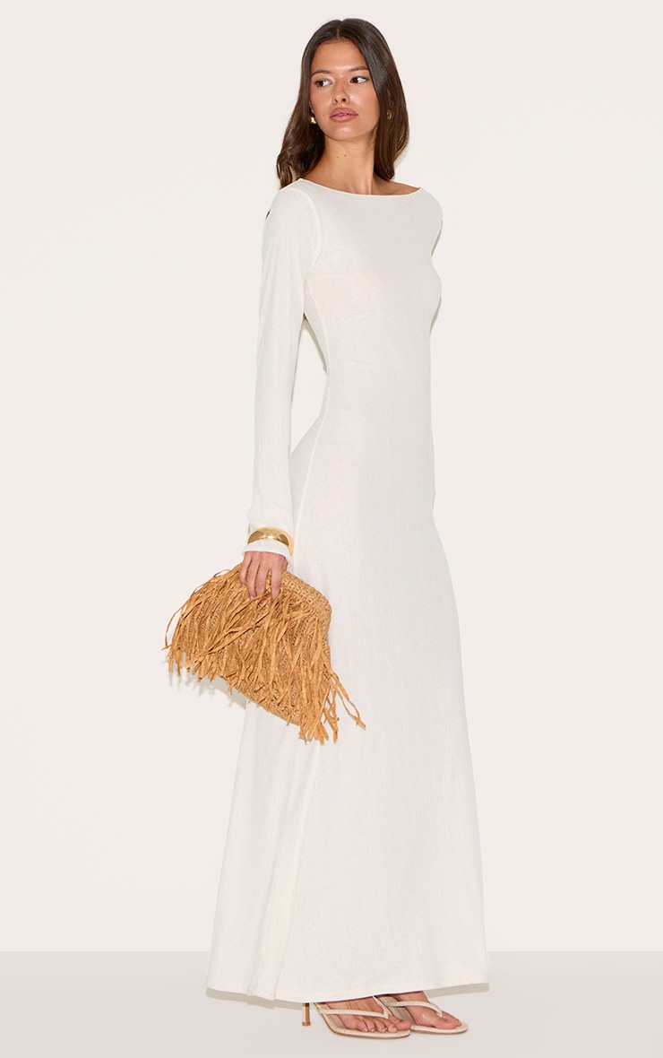 White Textured Boat Neck Long Sleeve Bodycon Maxi Dress image 3