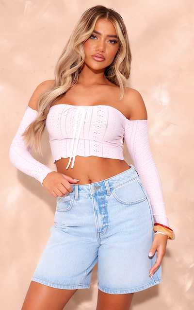 Baby Pink Textured Stretch Ribbon Trim Long Sleeve Bardot Crop Top