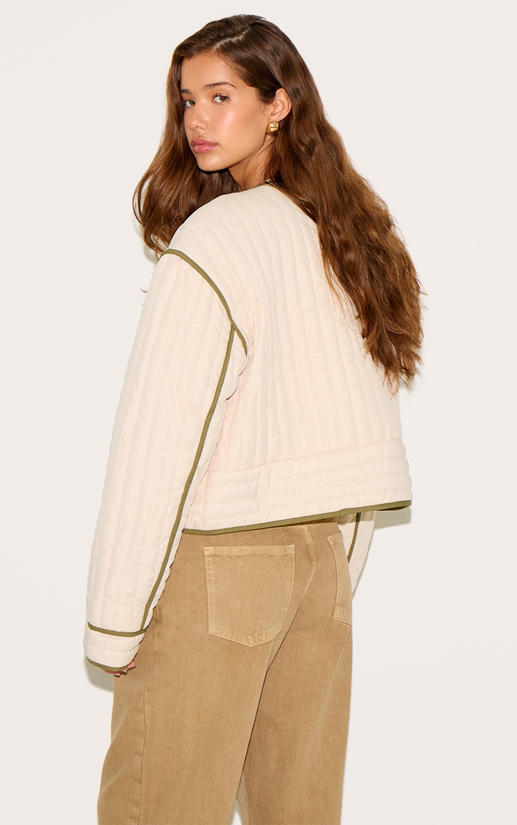 Cream Button Up Round Neck Quilted Jacket image 2