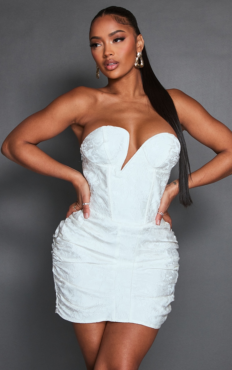 Shape White Woven Asymmetric Plunge Ruched Bodycon Dress
