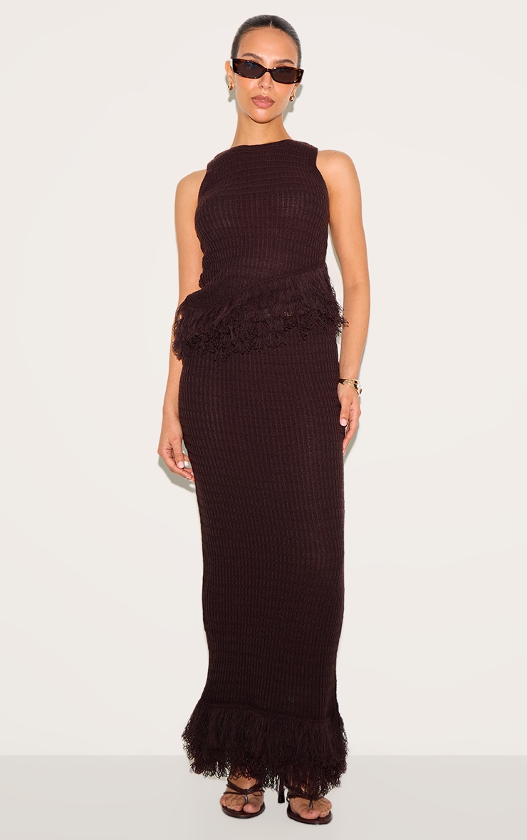 Petite Top en maille tricot chocolat sans manches à bordure frangée image 3