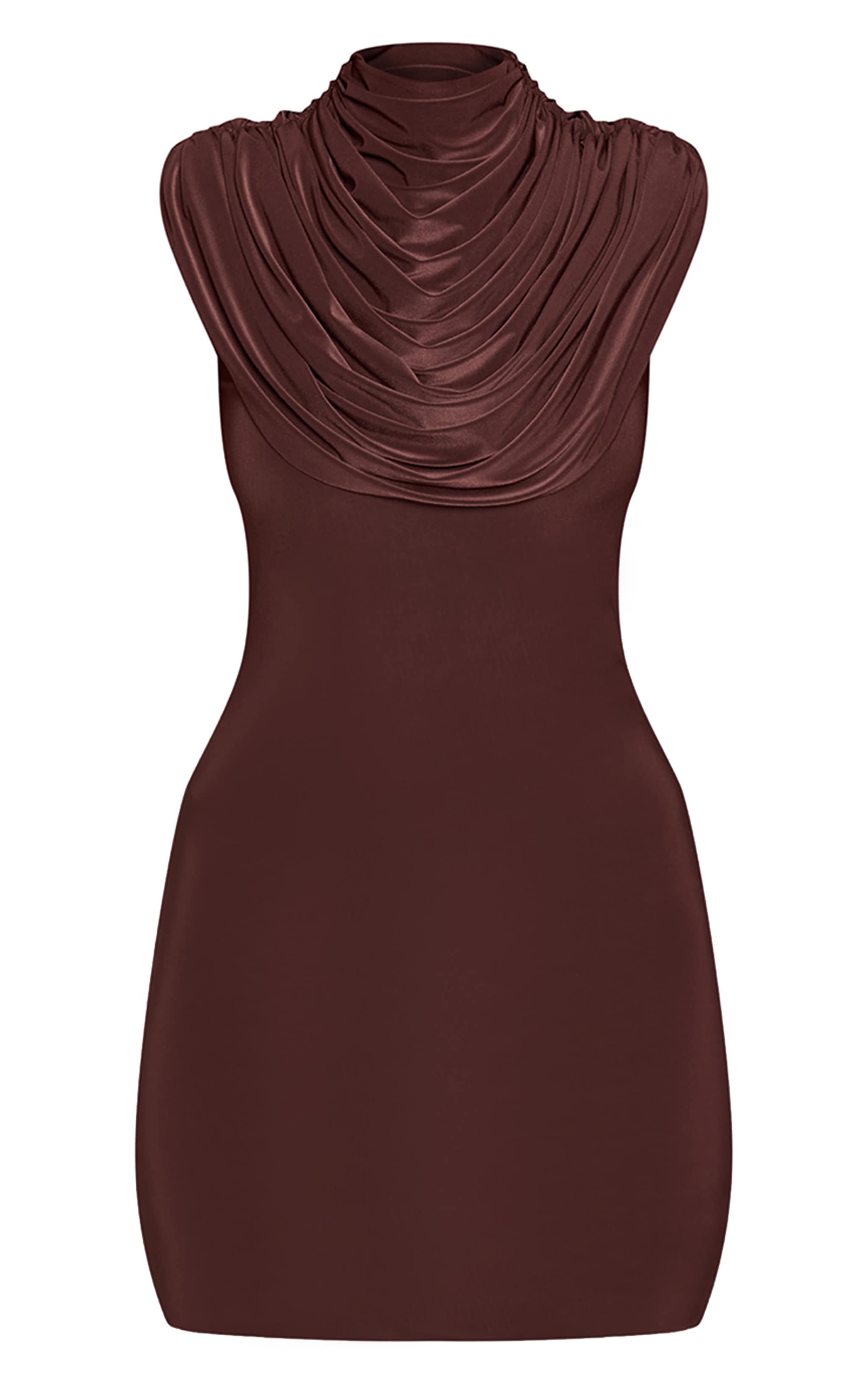 Chocolate Brown Slinky Draped Neck Mini Dress image 5