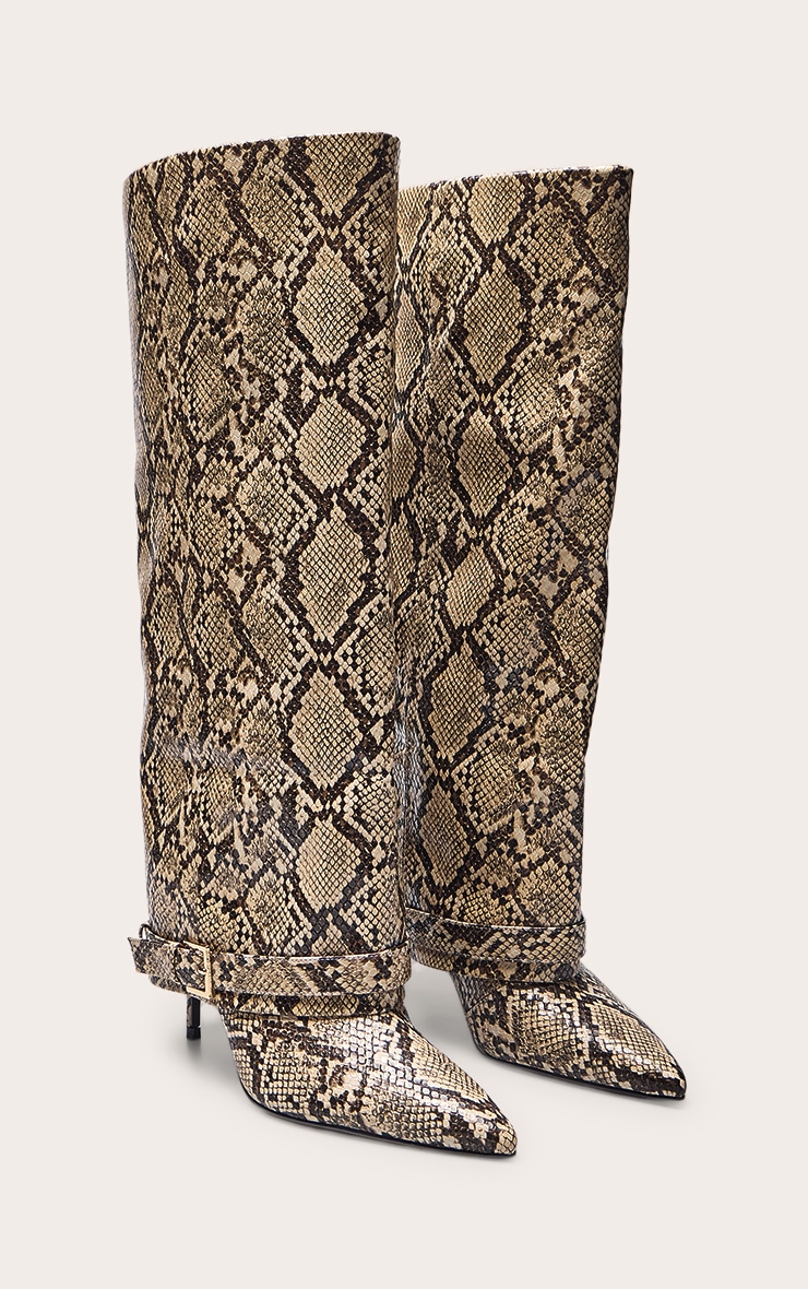 Snake Fold Over Buckle Detail Knee High Heeled Boot image 3