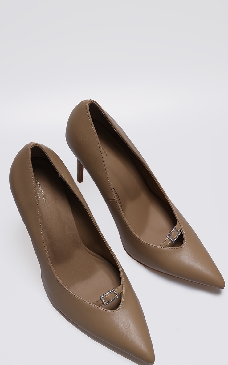 Beige Wide Fit PU Diamante Buckle Detail High Stiletto Court Heels image 3