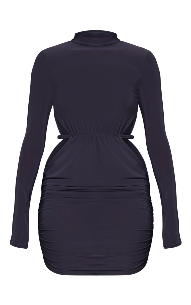 Charcoal Slinky Ruched Cut Out Back Long Sleeve Bodycon Dress image 5