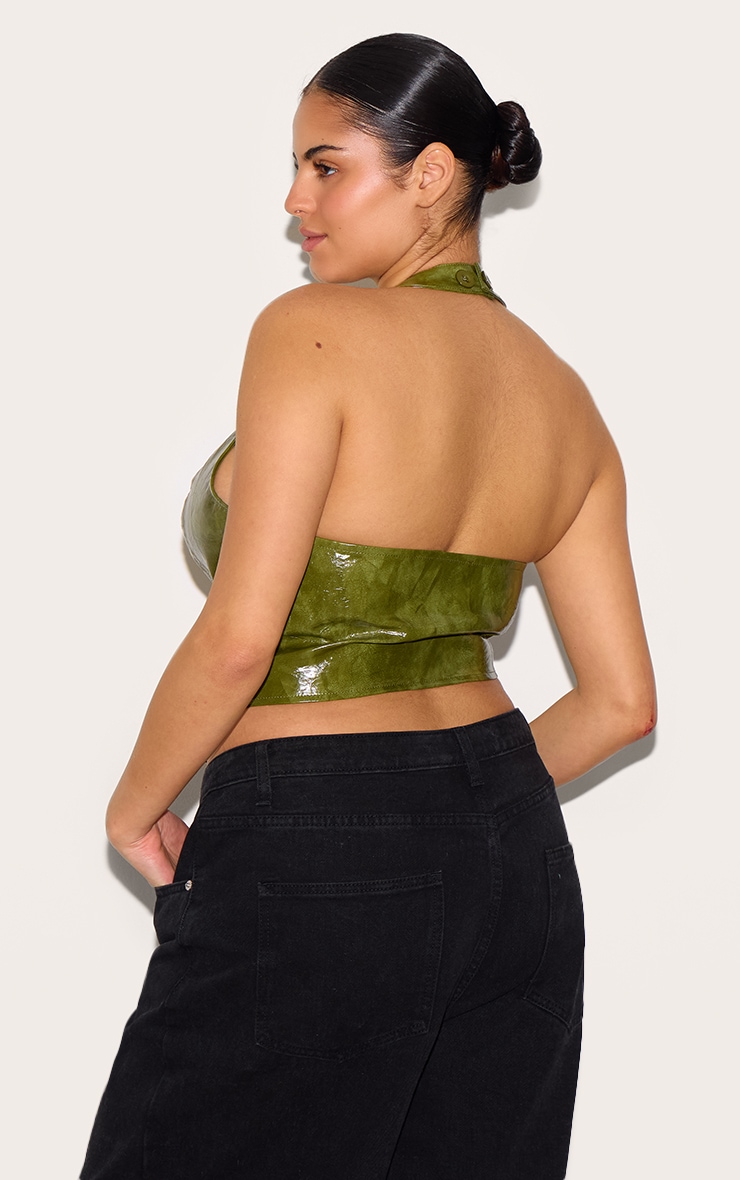 Plus Top en PU délavé vert olive lacé à décolleté et dos nu image 2