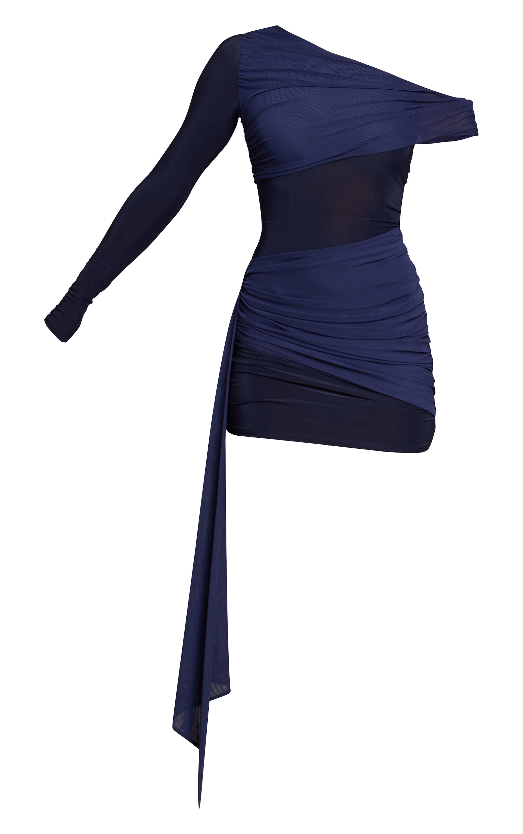 Navy Slinky One Sleeve Drape Detail Mini Dress image 5
