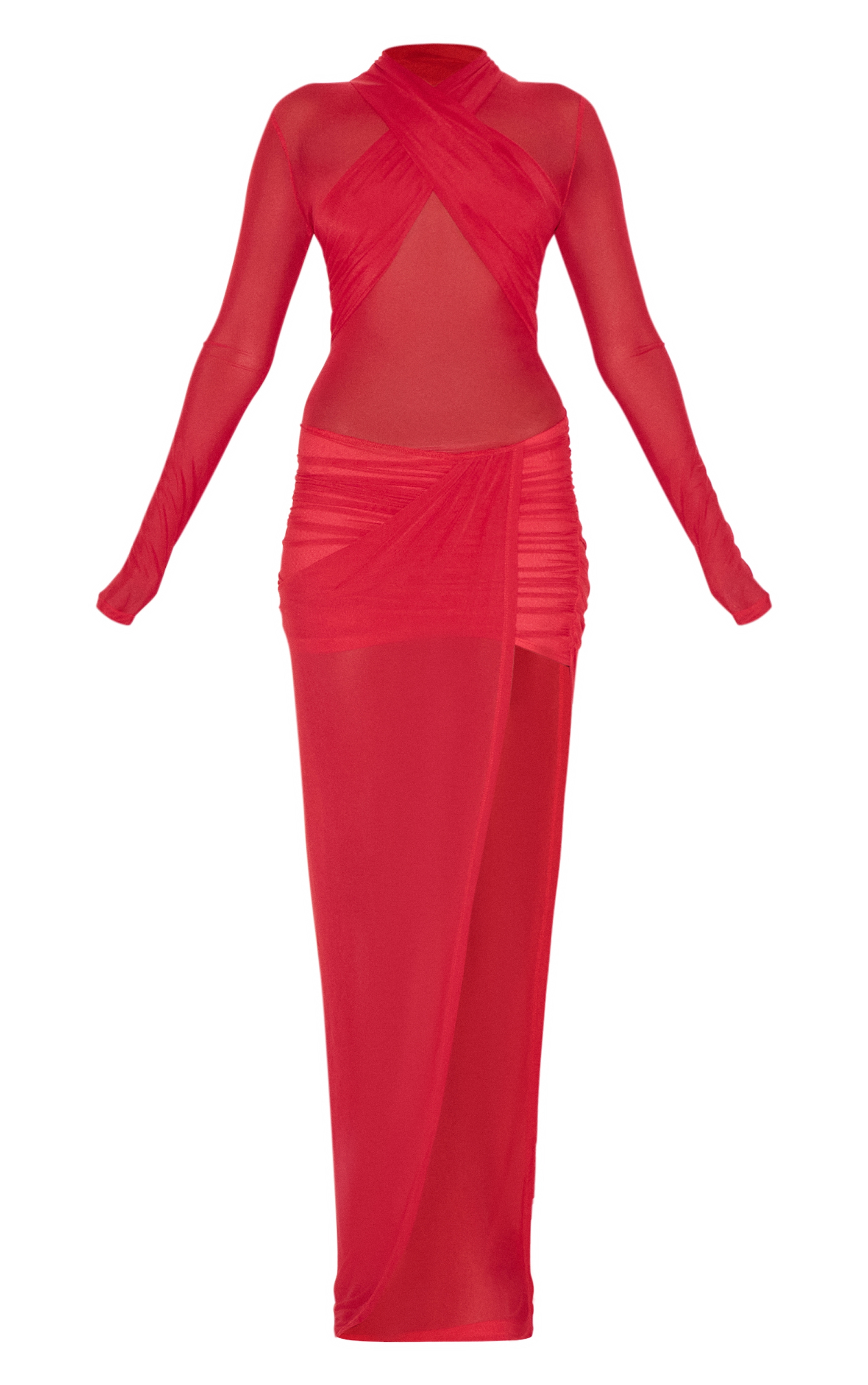 Red Mesh Crossover Bust Detail Ruched Skirt Maxi Dress image 5