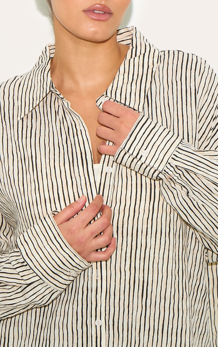Plus Black Striped Linen Long Sleeve Shirt image 4