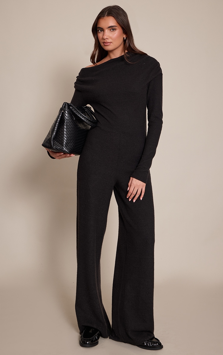 Black Ribbed Asymmetric Neck Wide Leg Jumpsuit image 1
