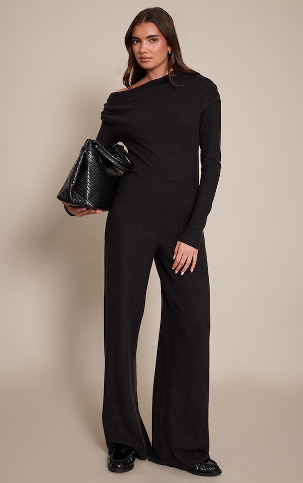 Black Ribbed Asymmetric Neck Wide Leg Jumpsuit
