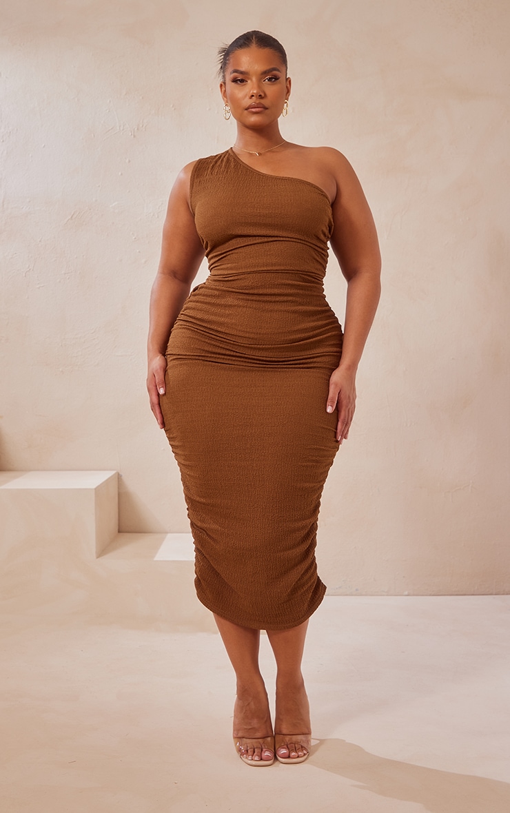 Plus Chocolate One Shoulder Textured Midi Dress image 3