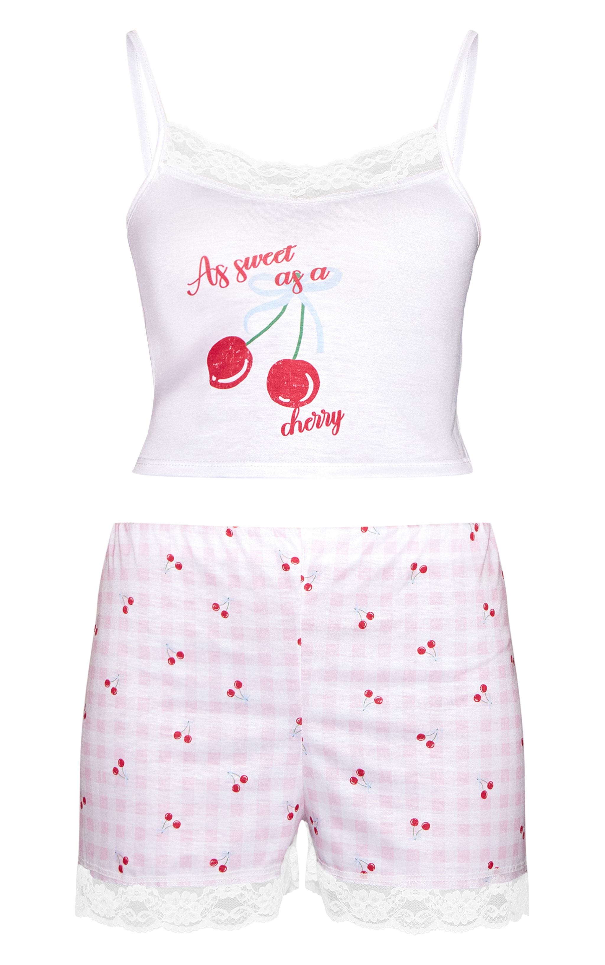 Pink Cherry Print Lace Trim Short Pj Set image 5