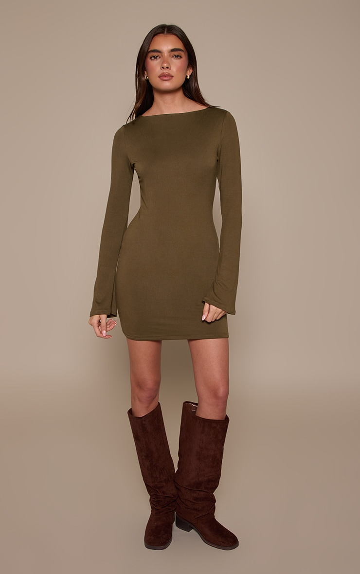 Dark Khaki Soft Touch Jersey Long Sleeve Bodycon Dress image 3