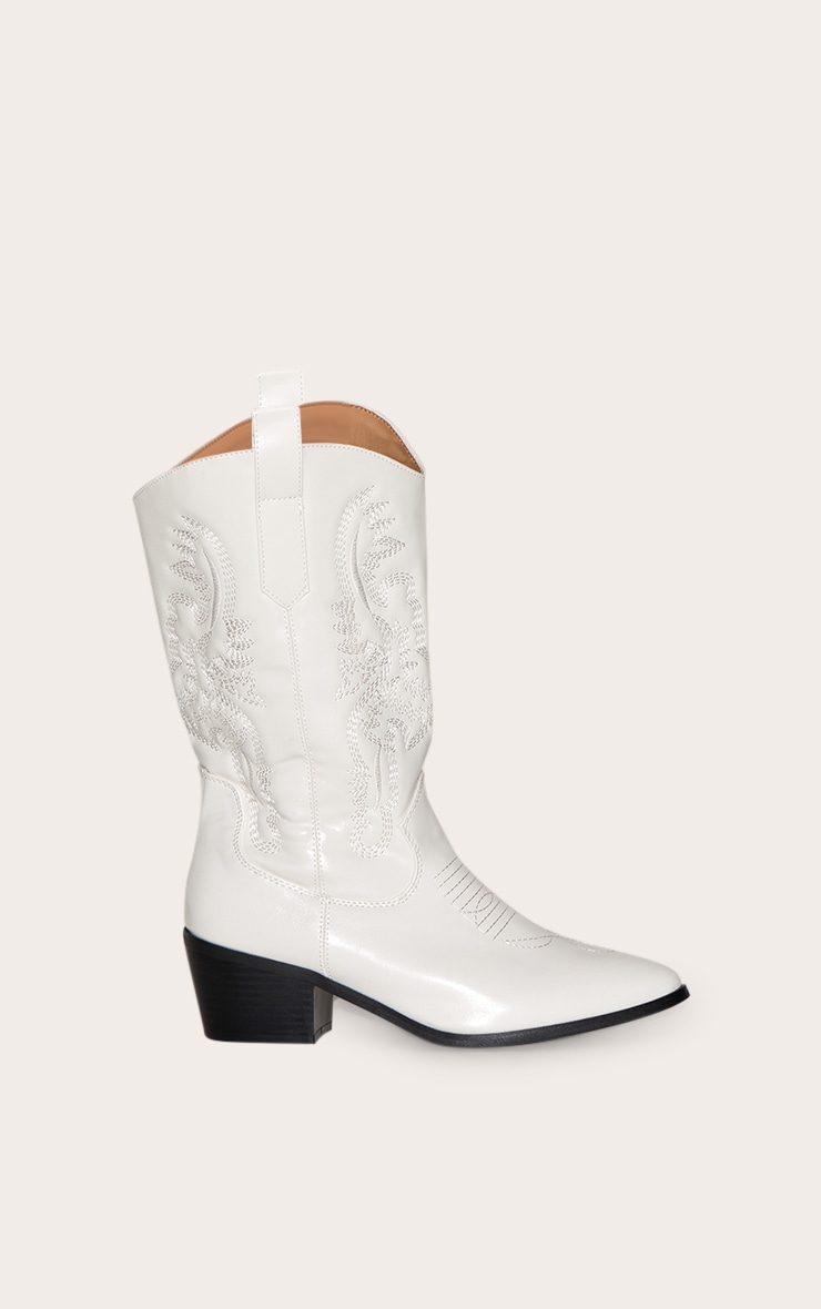 White Wide Fit Point Toe Stitching Heeled Ankle Cowboy Boots image 5