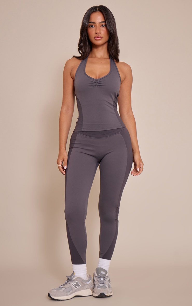 Petite Charcoal Sculpt Rib Panel Halterneck Gym Top image 3