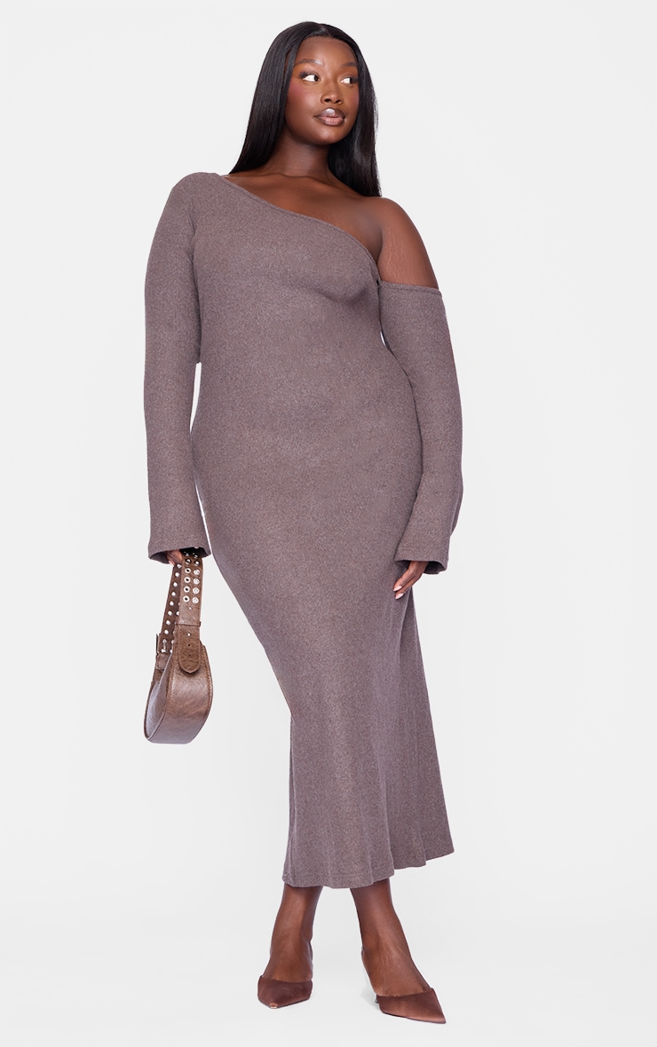 Plus Chocolate Heavy Brushed Asymmetric Ruched Maxi Dress image 3