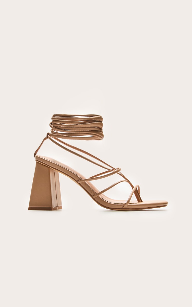 Nude Pu Square Toe Thong Strappy Lace Up Block Heeled Sandals image 2