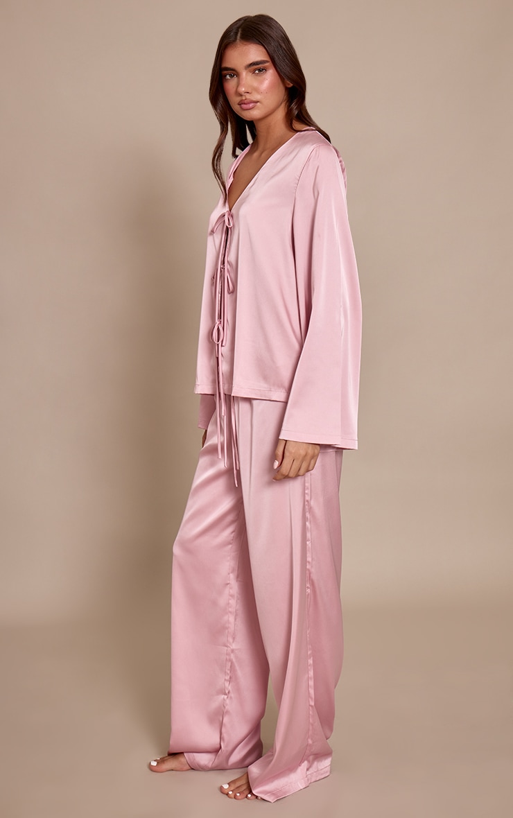 Mauve Satin Tie Front Long Sleeve PJ Set image 3