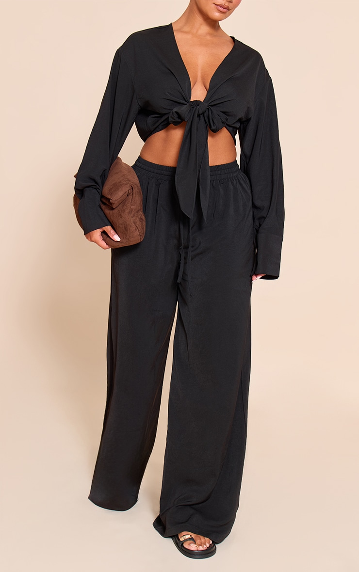 Shape Black Hammered Satin Elasticated Waist Wide Leg Pants image 4