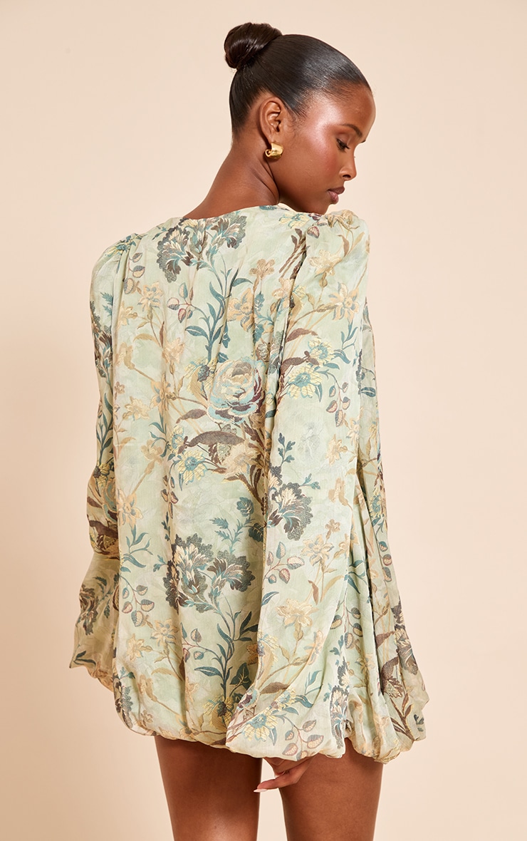 Sage Floral Print Plunge Puff Sleeve Shift Dress image 2